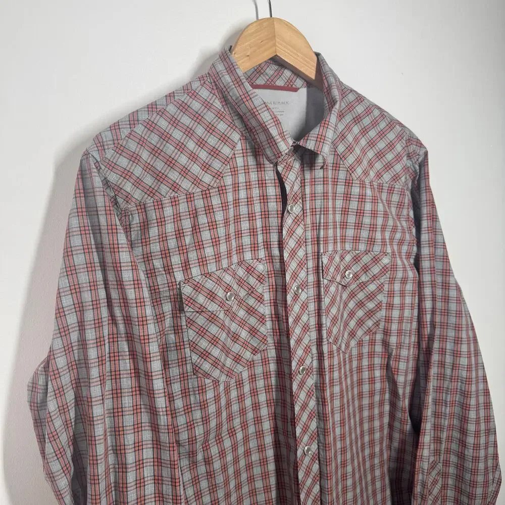 Banana Republic Shirt Men Size L Plaid Slim Fit Pearl Snap Button Up Long Sleeve